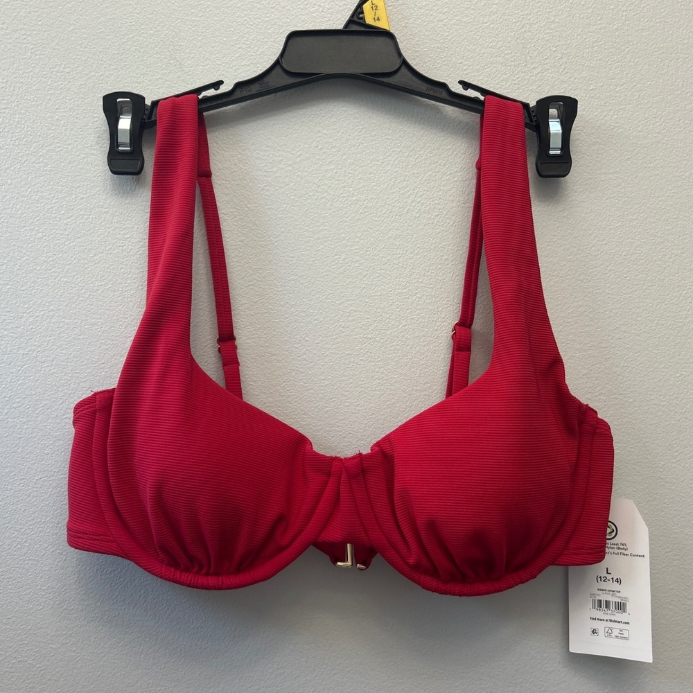 Time and Tru Womens Ribbed Underwire Bikini Swim Top Classic Red Sz L 12-14 NWT